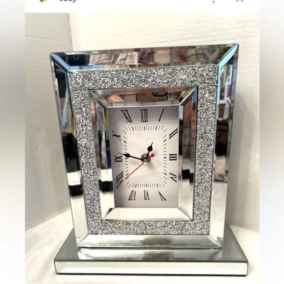 Clock Hollywood Glam Crystal Crush Diamond Mirrored 11.5” Tall 10” Base Quartz - Picture 14 of 14